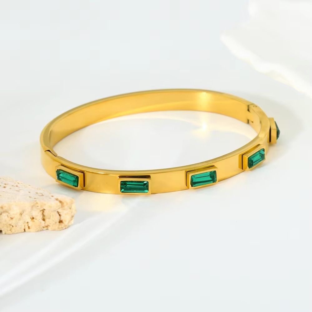 18K Gold Plated Bangle Bracelet*Emerald Green Zircon Baguette Tennis Bracelet*J